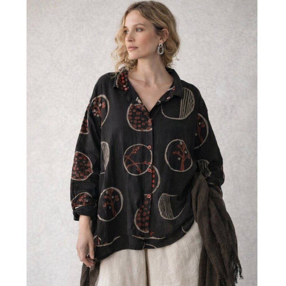 Mona Lisa Mao Mam Jacket Shirt Boxy Lagenlook Art-to-wear Abstract Print O/S